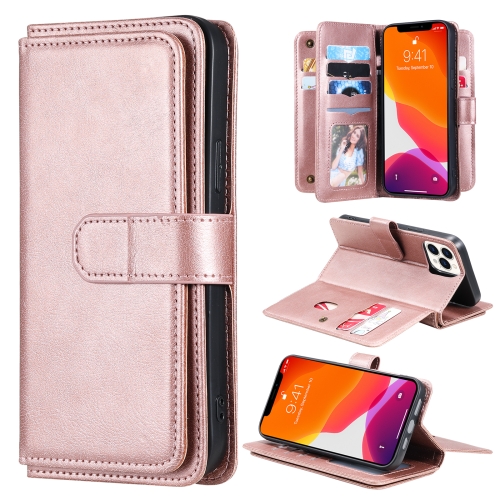 Multifunctional Magnetic Copper Buckle Horizontal Flip Solid Color Leather Case with 10 Card Slots & Wallet & Holder & Photo Frame For iPhone 13 Pro Max(Rose Gold)