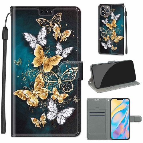 Voltage Colored Drawing Magnetic Clasp Horizontal Flip PU Leather Case with Holder & Card Slots For iPhone 13(C20 Gold Silver Flying Butterflies)