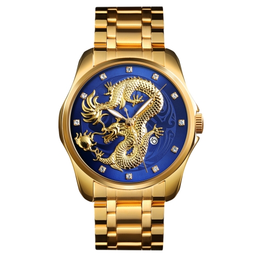 SKMEI 9193 Men Golden Dragon Pattern Calendar Dial Luminous Quartz Watch(Gold Blue)