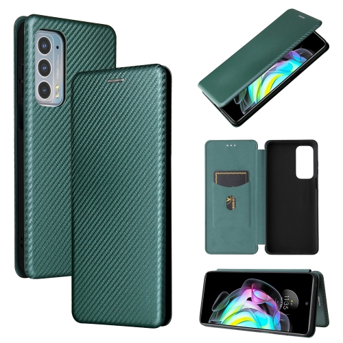 For Motorola Edge 20 Carbon Fiber Texture Magnetic Horizontal Flip TPU + PC + PU Leather Case with Card Slot(Green)