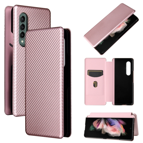 For Samsung Galaxy Z Fold3 5G Carbon Fiber Texture Magnetic Horizontal Flip TPU + PC + PU Leather Case with Card Slot(Pink)