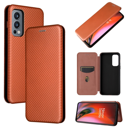 For OnePlus Nord 2 5G Carbon Fiber Texture Magnetic Horizontal Flip TPU + PC + PU Leather Case with Card Slot(Brown)
