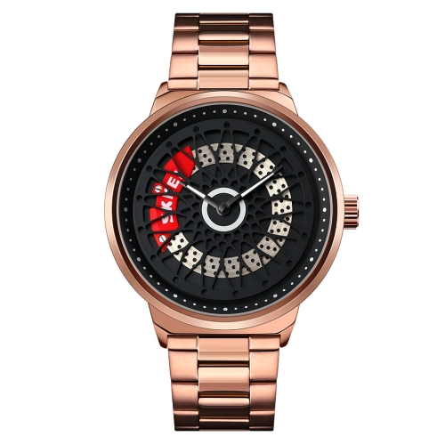 SKMEI 9217 Fashion Rotation Dial Men Quartz Watch(Rose Gold Shell Black Surface Steel Belt)