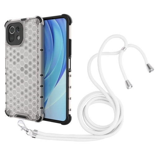 For Xiaomi Mi 11 Lite Shockproof Honeycomb PC + TPU Case with Neck Lanyard(White)