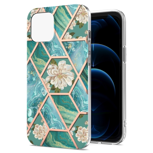 Electroplating Splicing Marble Flower Pattern TPU Shockproof Case For iPhone 13 mini(Blue Flower)