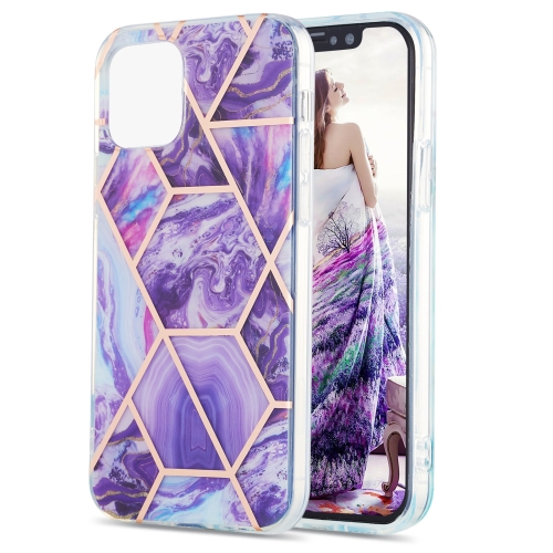 Electroplating Splicing Marble Flower Pattern Dual-side IMD TPU Shockproof Case For iPhone 13 Pro(Dark Purple)