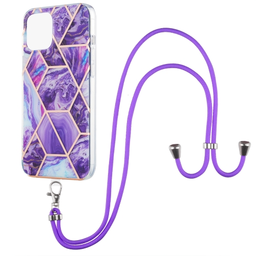 Electroplating Splicing Marble Pattern Dual-side IMD TPU Shockproof Case with Neck Lanyard For iPhone 13(Dark Purple)