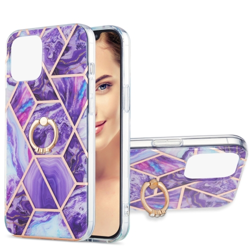 Electroplating Splicing Marble Pattern Dual-side IMD TPU Shockproof Case with Ring Holder For iPhone 13 Pro(Dark Purple)