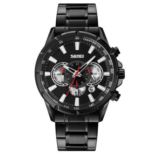 SKMEI 9241 Men Calendar Stopwatch Stainless Steel Strap Quartz Watch(Black)