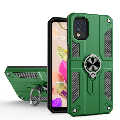 For LG K42 Carbon Fiber Pattern PC + TPU Protective Case with Ring Holder(Green)