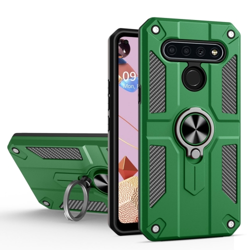 For LG K51S Carbon Fiber Pattern PC + TPU Protective Case with Ring Holder(Green)