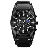 SKMEI 9249 Men Moonphase Calendar Stopwatch Leather Strap Quartz Watch(Black)