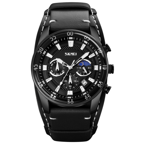 SKMEI 9249 Men Moonphase Calendar Stopwatch Leather Strap Quartz Watch(Black)