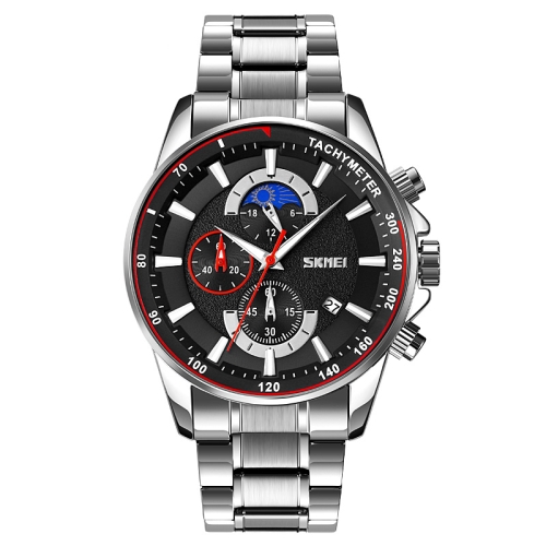 SKMEI 9250 Men Moonphase Stopwatch Date Six Pin Stainless Steel Strap Quartz Watch(Silver Black)