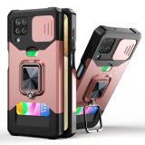 For Samsung Galaxy A12 Sliding Camera Cover Design PC + TPU Shockproof Case with Ring Holder & Card Slot(Rose Gold)