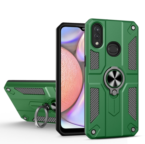 For Samsung Galaxy A10s Carbon Fiber Pattern PC + TPU Protective Case with Ring Holder(Green)