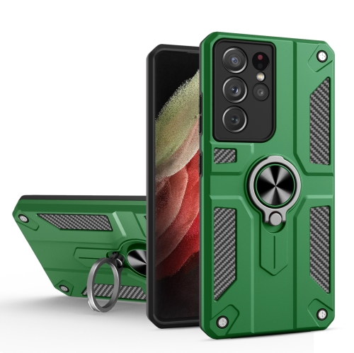 For Samsung Galaxy S21 Ultra 5G Carbon Fiber Pattern PC + TPU Protective Case with Ring Holder(Green)