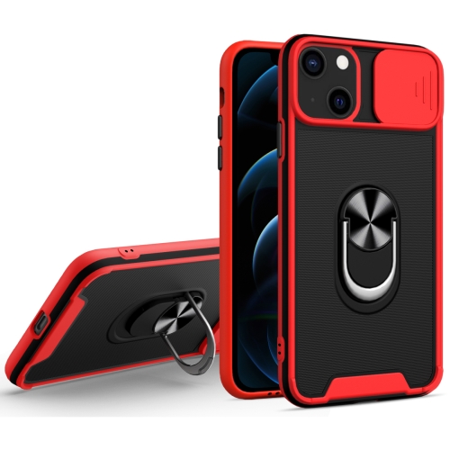 Sliding Camera Cover Design TPU + PC Magnetic Shockproof Case with Ring Holder For iPhone 13(Red)
