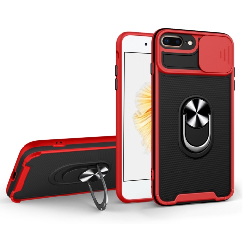 Sliding Camera Cover Design TPU + PC Magnetic Shockproof Case with Ring Holder For iPhone 7 Plus / 8 Plus(Red)