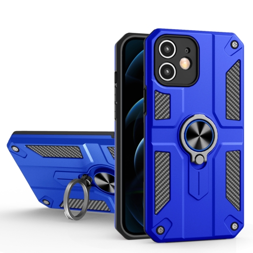 Carbon Fiber Pattern PC + TPU Protective Case with Ring Holder For iPhone 11(Dark Blue)