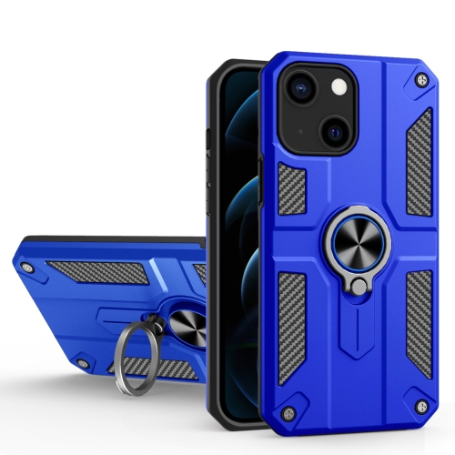 Carbon Fiber Pattern PC + TPU Protective Case with Ring Holder For iPhone 13(Dark Blue)