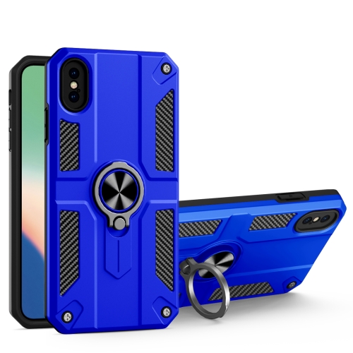 Carbon Fiber Pattern PC + TPU Protective Case with Ring Holder For iPhone XS / X(Dark Blue)