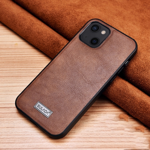 SULADA Shockproof TPU + Handmade Leather Protective Case For iPhone 13(Brown)