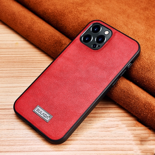 SULADA Shockproof TPU + Handmade Leather Protective Case For iPhone 13 Pro(Red)