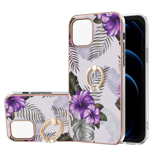 Electroplating Pattern IMD TPU Shockproof Case with Rhinestone Ring Holder For iPhone 13 Pro Max(Purple Flower)