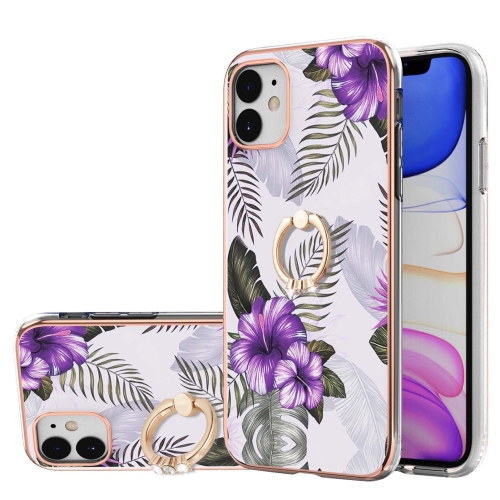 Electroplating Pattern IMD TPU Shockproof Case with Rhinestone Ring Holder For iPhone 11(Purple Flower)