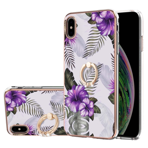 Electroplating Pattern IMD TPU Shockproof Case with Rhinestone Ring Holder For iPhone X / XS(Purple Flower)