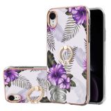 Electroplating Pattern IMD TPU Shockproof Case with Rhinestone Ring Holder For iPhone XR(Purple Flower)
