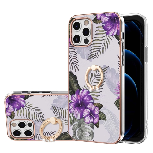 Electroplating Pattern IMD TPU Shockproof Case with Rhinestone Ring Holder For iPhone 12 Pro(Purple Flower)