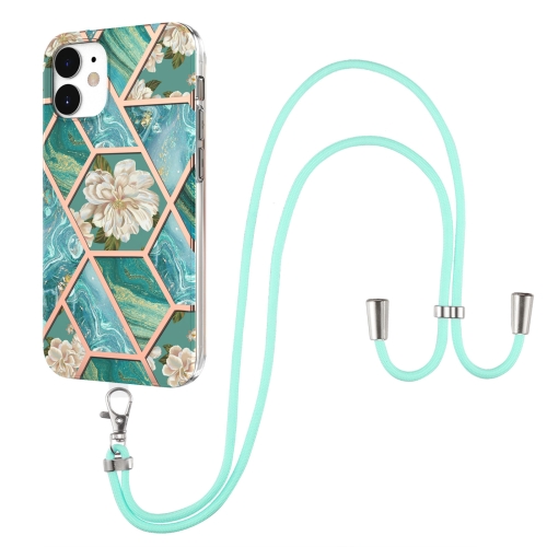 Electroplating Splicing Marble Flower Pattern TPU Shockproof Case with Lanyard For iPhone 12 mini(Blue Flower)