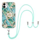 Electroplating Splicing Marble Flower Pattern TPU Shockproof Case with Lanyard For iPhone 11(Blue Flower)