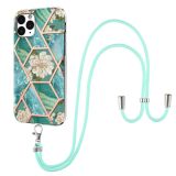 Electroplating Splicing Marble Flower Pattern TPU Shockproof Case with Lanyard For iPhone 11 Pro Max(Blue Flower)