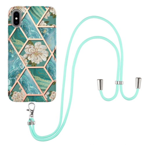 Electroplating Splicing Marble Flower Pattern TPU Shockproof Case with Lanyard For iPhone XS / X(Blue Flower)