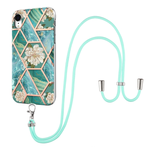 Electroplating Splicing Marble Flower Pattern TPU Shockproof Case with Lanyard For iPhone XR(Blue Flower)
