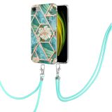 Electroplating Splicing Marble Flower Pattern TPU Shockproof Case with Lanyard For iPhone SE 2020 / 8 / 7(Blue Flower)