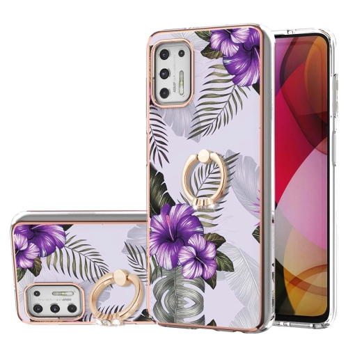 For Motorola Moto G Stylus 2021 Electroplating Pattern IMD TPU Shockproof Case with Rhinestone Ring Holder(Purple Flower)