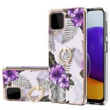 For Samsung Galaxy A22 4G EU Version/M32 Global Version Electroplating Pattern IMD TPU Shockproof Case with Rhinestone Ring Holder(Purple Flower)