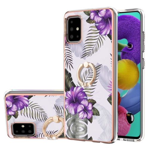 For Samsung Galaxy A51 Electroplating Pattern IMD TPU Shockproof Case with Rhinestone Ring Holder(Purple Flower)