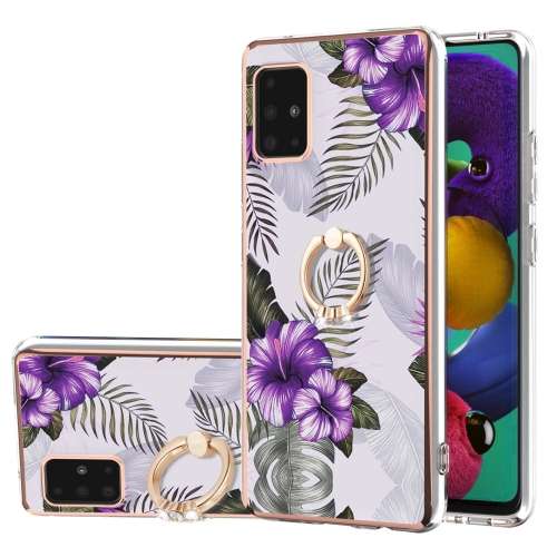 For Samsung Galaxy A51 5G Electroplating Pattern IMD TPU Shockproof Case with Rhinestone Ring Holder(Purple Flower)