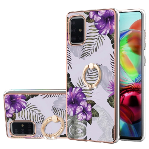 For Samsung Galaxy A71 5G Electroplating Pattern IMD TPU Shockproof Case with Rhinestone Ring Holder(Purple Flower)