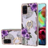 For Samsung Galaxy A71/A715 Electroplating Pattern IMD TPU Shockproof Case with Rhinestone Ring Holder(Purple Flower)