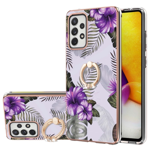 For Samsung Galaxy A72 4G/5G Electroplating Pattern IMD TPU Shockproof Case with Rhinestone Ring Holder(Purple Flower)