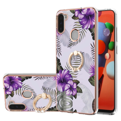 For Samsung Galaxy M11/A11 Electroplating Pattern IMD TPU Shockproof Case with Rhinestone Ring Holder(Purple Flower)