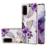 For Samsung Galaxy S20 Electroplating Pattern IMD TPU Shockproof Case with Rhinestone Ring Holder(Purple Flower)