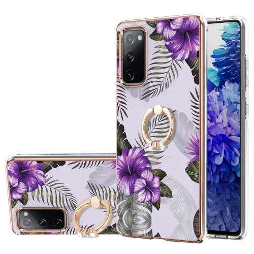 For Samsung Galaxy S20 FE 4G/5G Electroplating Pattern IMD TPU Shockproof Case with Rhinestone Ring Holder(Purple Flower)