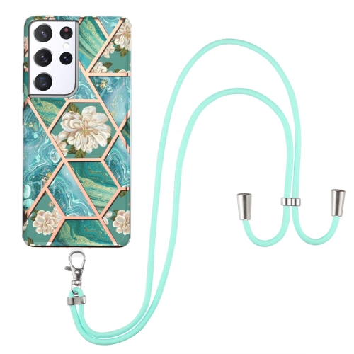 For Samsung Galaxy S21 Ultra 5G Electroplating Splicing Marble Flower Pattern TPU Shockproof Case with Lanyard(Blue Flower)